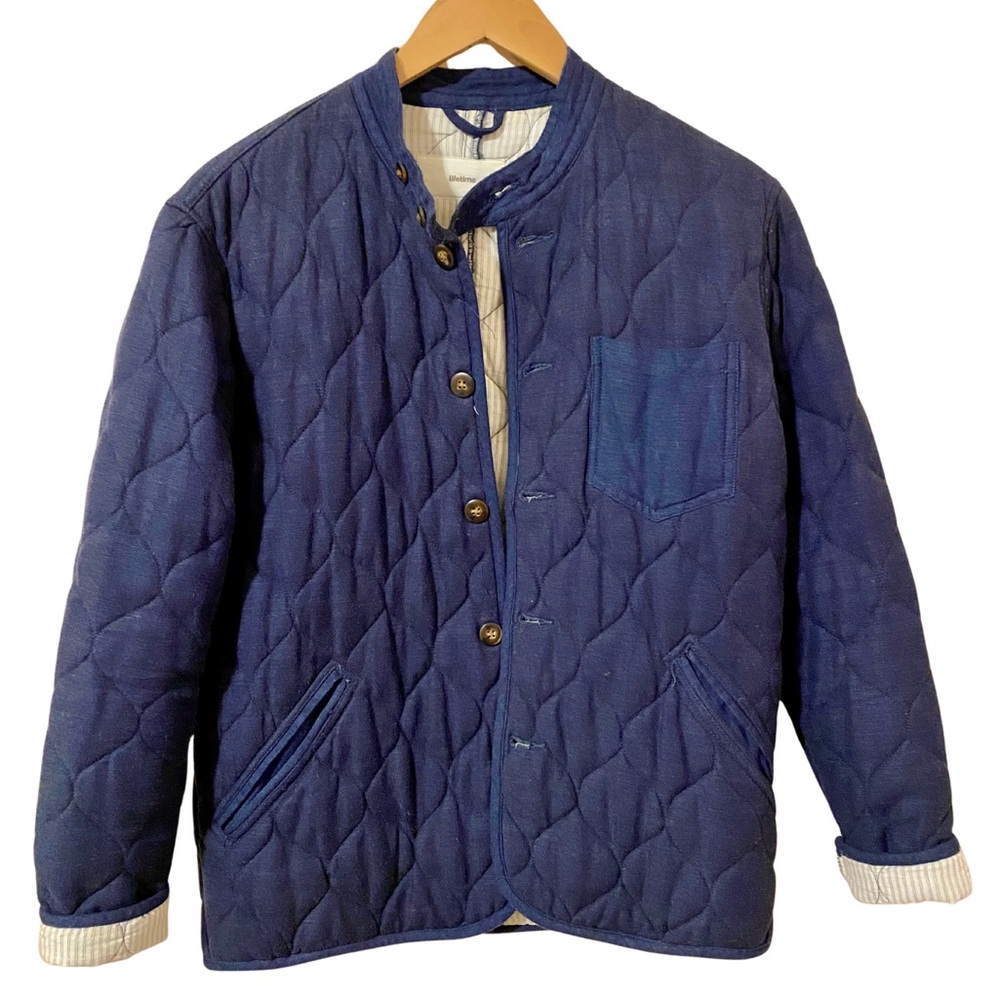Quilted cotton linen lined workwear navy button up chore jacket Small